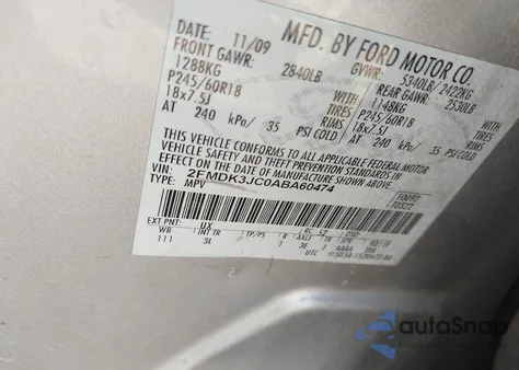 2010 Ford Edge Sel из США, поврежденный, VIN 2FMDK3JC0ABA60474